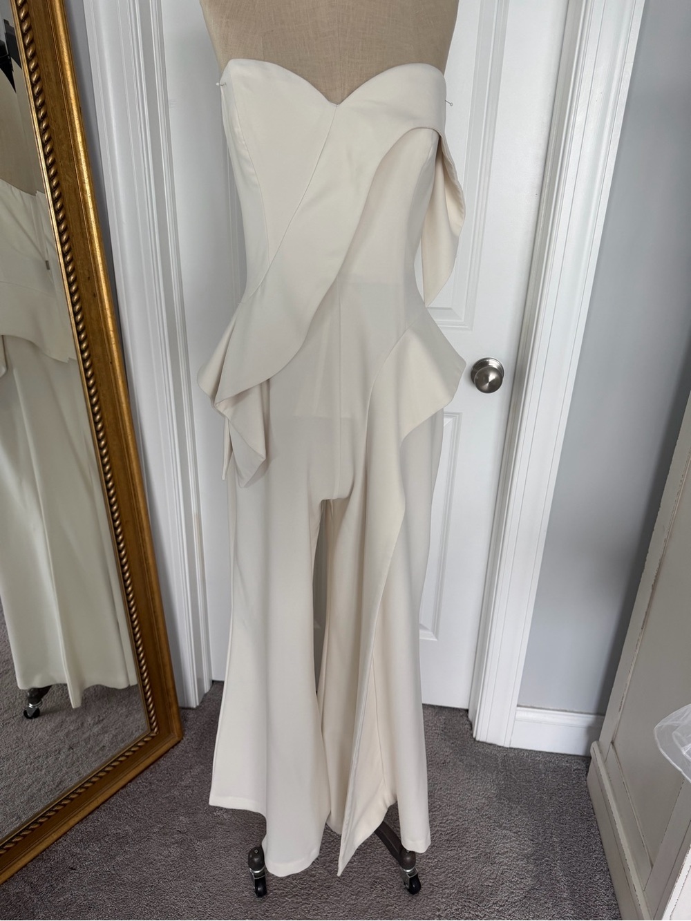Jovani Cream Strapless Ruffle Jumpsuit